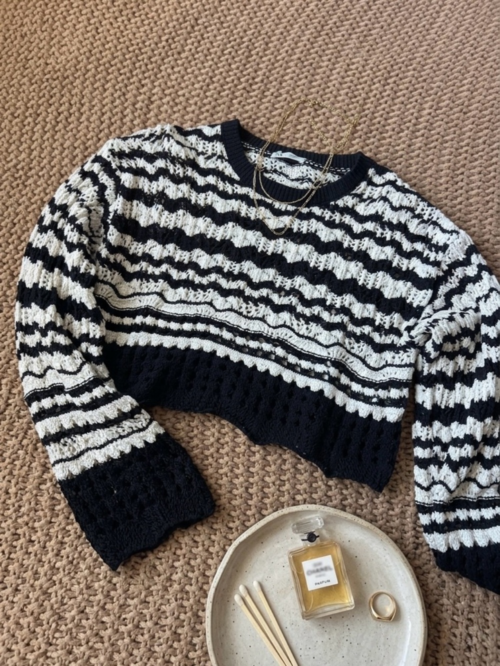 ZARA Black & White Open-Knit Striped Crochet Crop Sweater Top Women’s Size Small